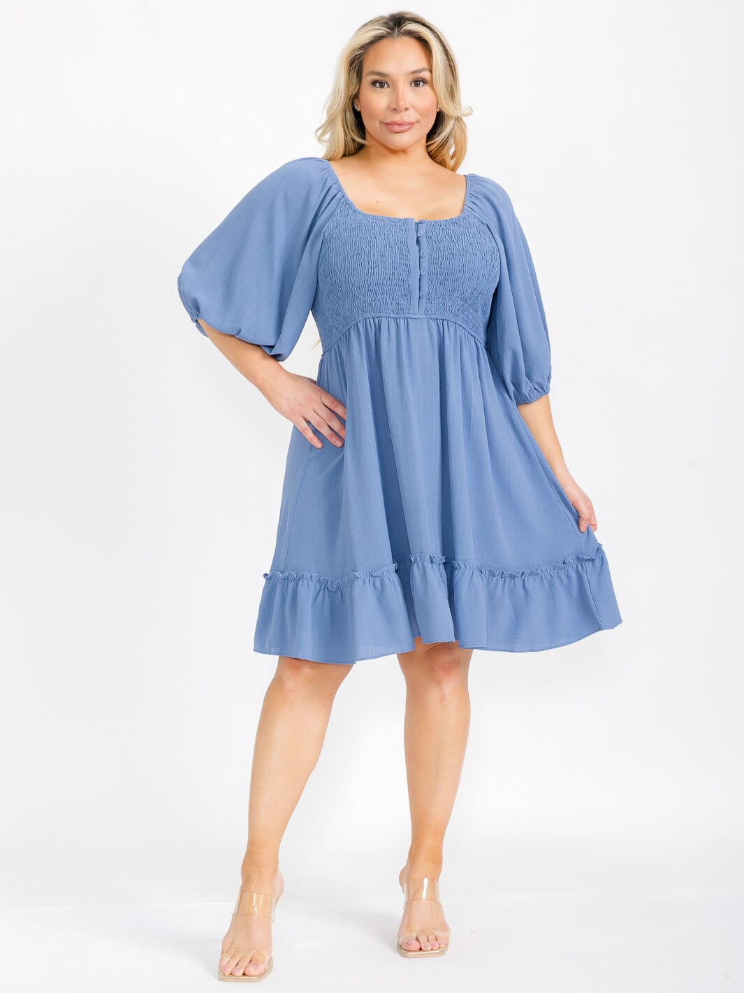 PLUS SIZE SHORT PUFF SLEEVE BUTTON UP SMOCK SQUARE NECK OPEN BACK MIDI DRESS