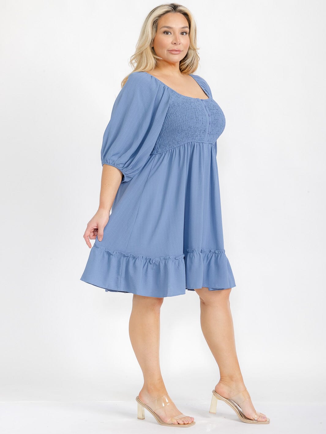 PLUS SIZE SHORT PUFF SLEEVE BUTTON UP SMOCK SQUARE NECK OPEN BACK MIDI DRESS