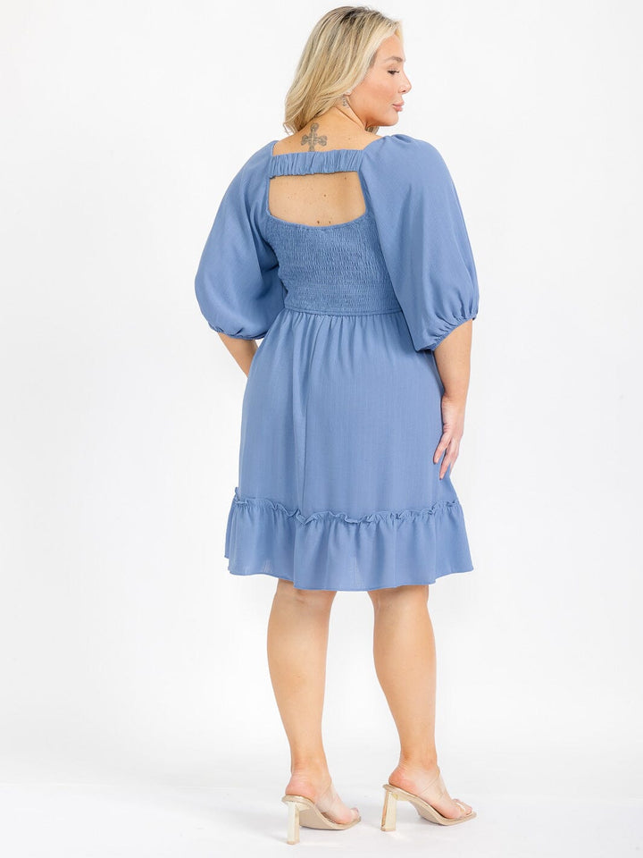 PLUS SIZE SHORT PUFF SLEEVE BUTTON UP SMOCK SQUARE NECK OPEN BACK MIDI DRESS