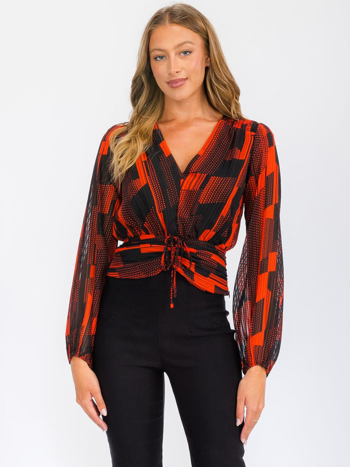 WOMEN'S LONG SLEEVE V-NECK FRONT RUCHED PRINTED BLOUSE TOP