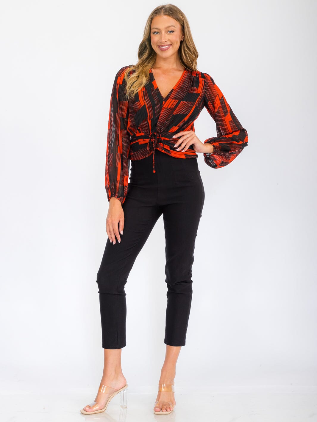 WOMEN'S LONG SLEEVE V-NECK FRONT RUCHED PRINTED BLOUSE TOP