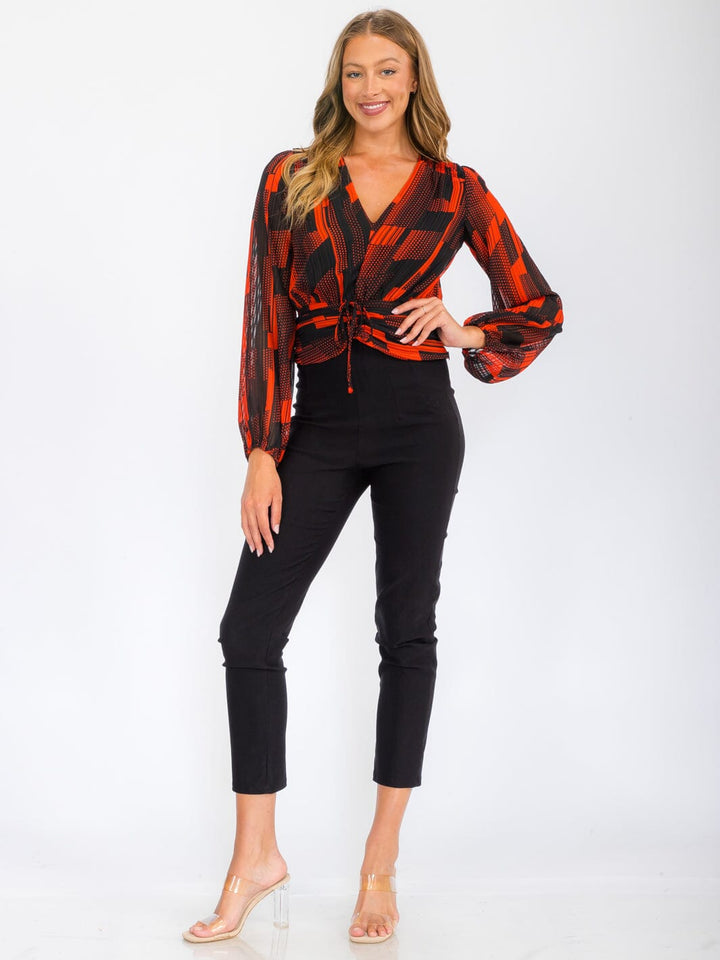 WOMEN'S LONG SLEEVE V-NECK FRONT RUCHED PRINTED BLOUSE TOP
