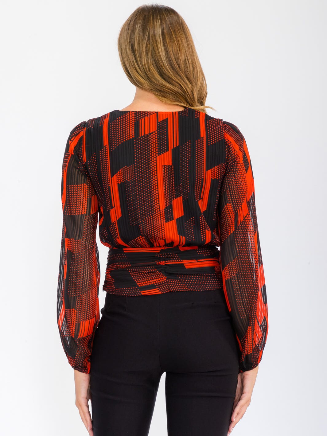 WOMEN'S LONG SLEEVE V-NECK FRONT RUCHED PRINTED BLOUSE TOP