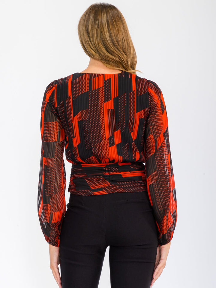 WOMEN'S LONG SLEEVE V-NECK FRONT RUCHED PRINTED BLOUSE TOP