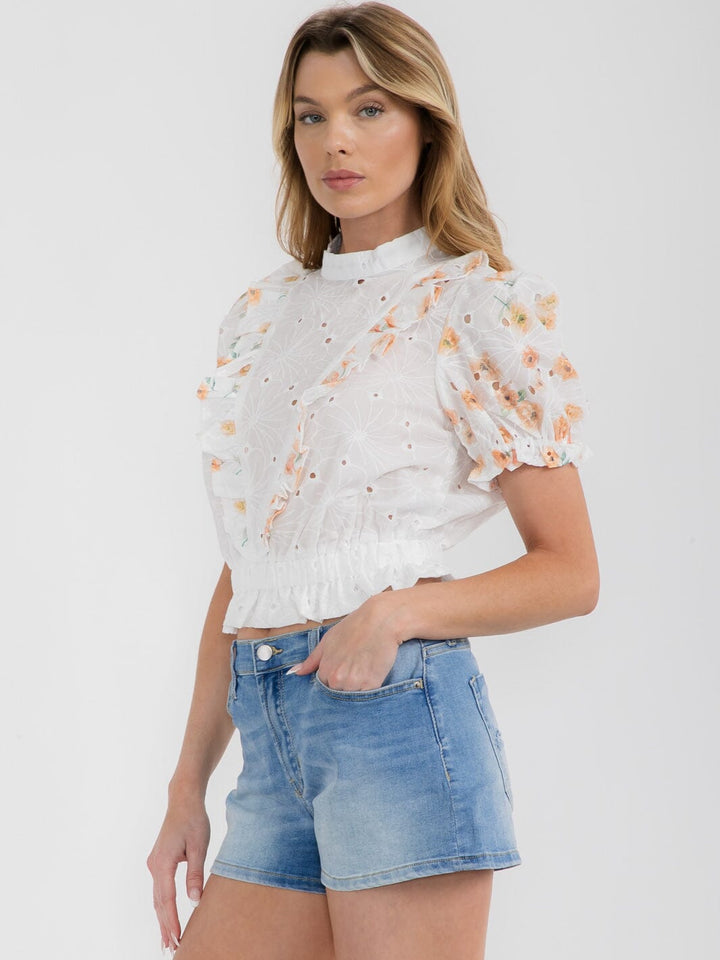WOMEN'S SHORT PUFF SLEEVE MOCK NECK FLORAL EYELET BLOUSE TOP