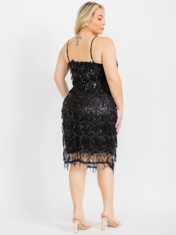 PLUS SIZE SLEEVELES V-NECK BODYCON FRINGE SEQUINS MIDI DRESS