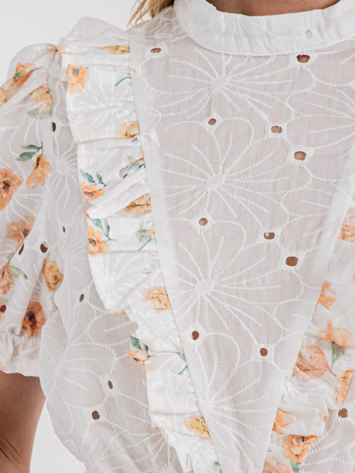 WOMEN'S SHORT PUFF SLEEVE MOCK NECK FLORAL EYELET BLOUSE TOP