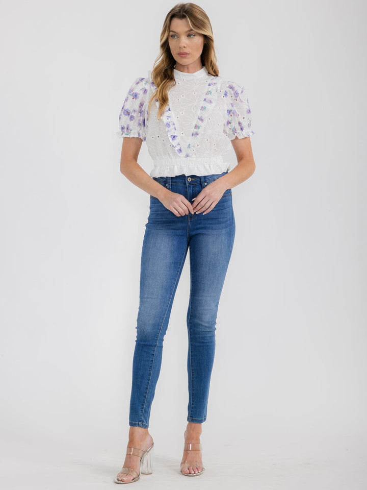 WOMEN'S SHORT PUFF SLEEVE MOCK NECK FLORAL EYELET BLOUSE TOP