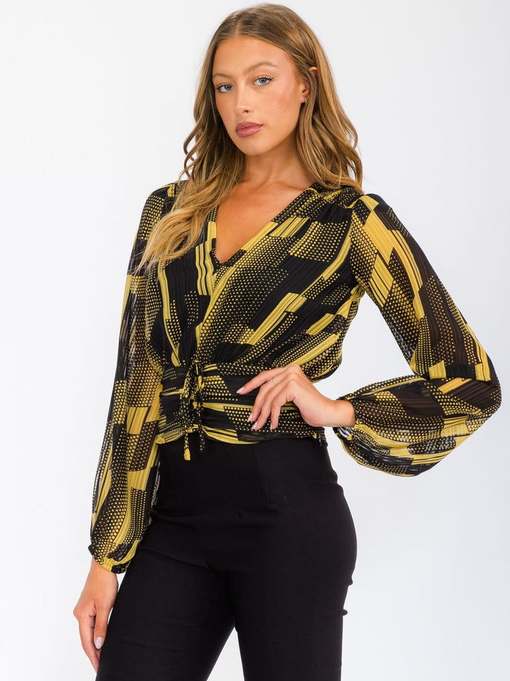 WOMEN'S LONG SLEEVE V-NECK FRONT RUCHED PRINTED BLOUSE TOP