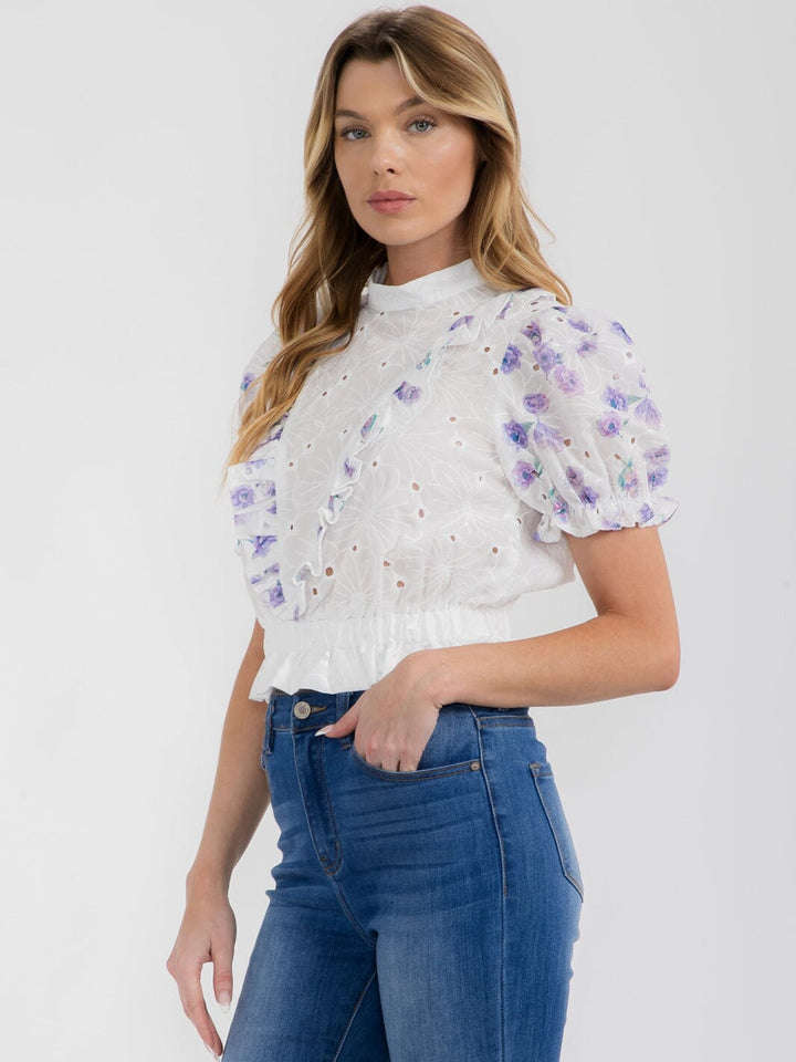WOMEN'S SHORT PUFF SLEEVE MOCK NECK FLORAL EYELET BLOUSE TOP