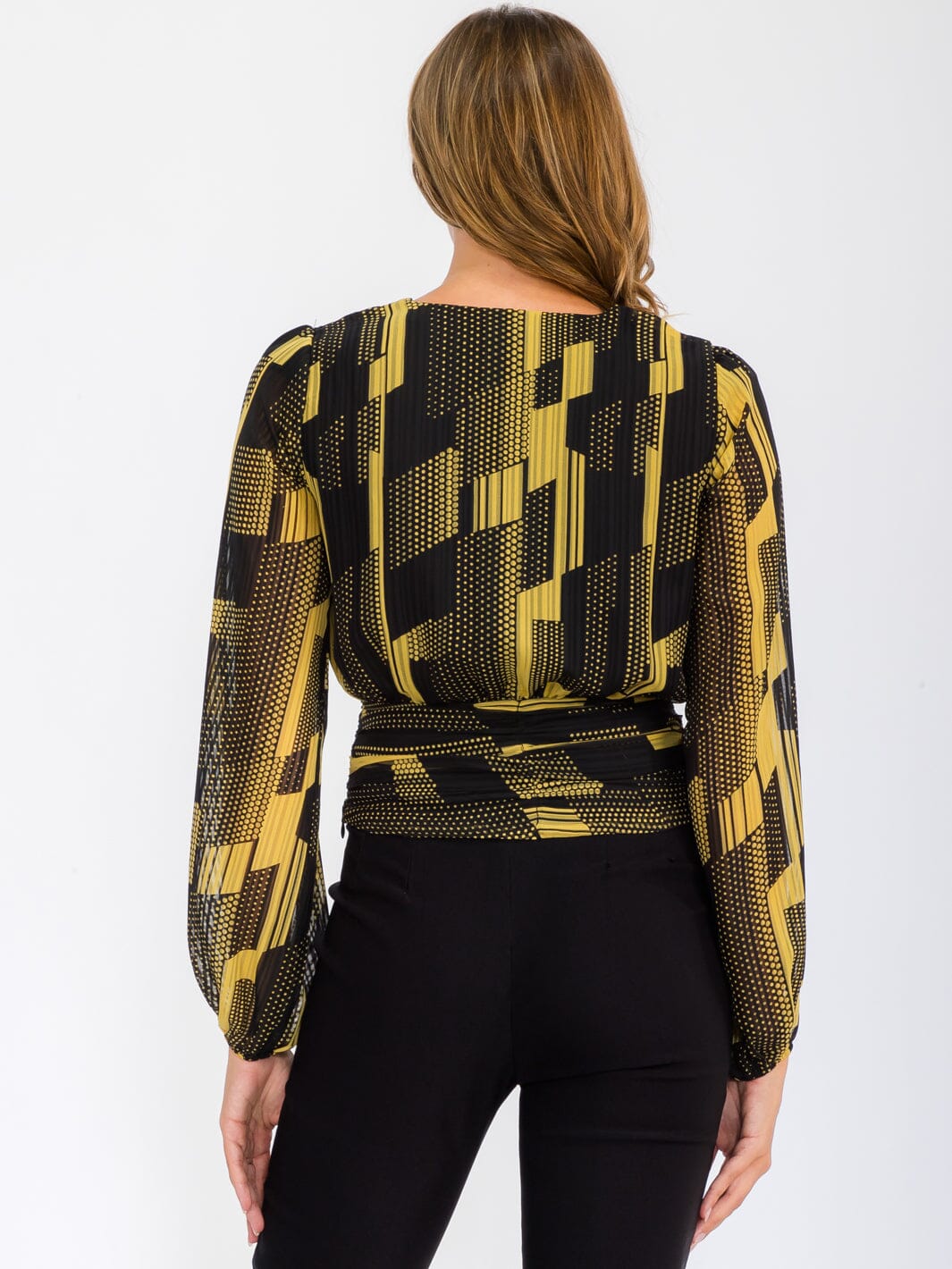 WOMEN'S LONG SLEEVE V-NECK FRONT RUCHED PRINTED BLOUSE TOP