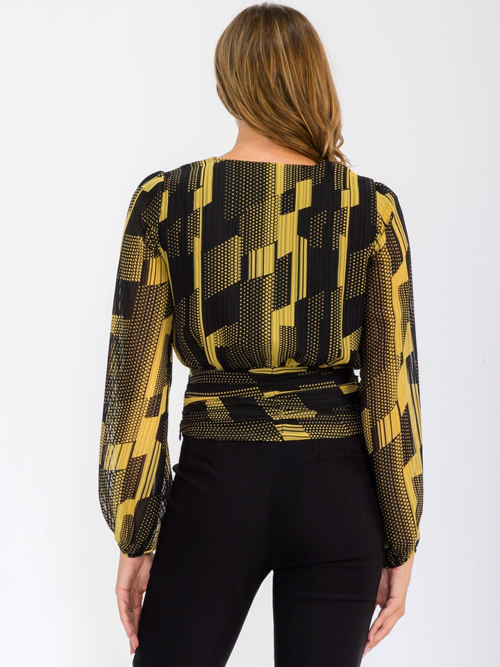 WOMEN'S LONG SLEEVE V-NECK FRONT RUCHED PRINTED BLOUSE TOP