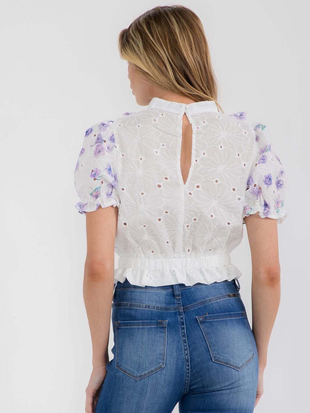 WOMEN'S SHORT PUFF SLEEVE MOCK NECK FLORAL EYELET BLOUSE TOP