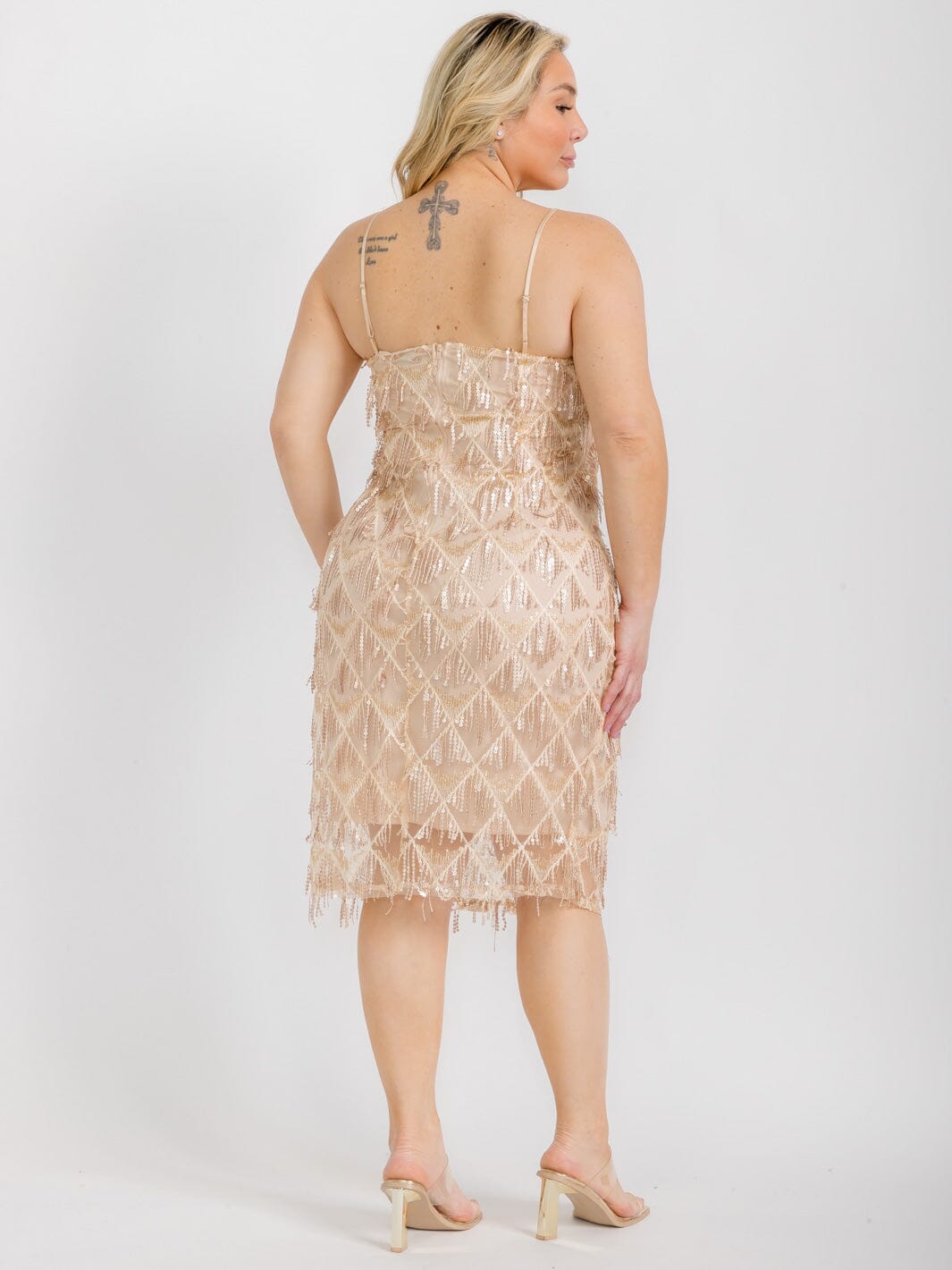 PLUS SIZE SLEEVELES V-NECK BODYCON FRINGE SEQUINS MIDI DRESS