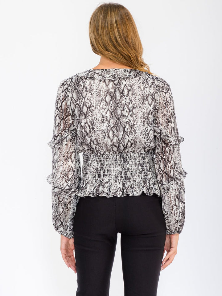 WOMEN'S LONG SLEEVE SMOCK SURPLICE ANIMAL PRINT BLOUSE TOP