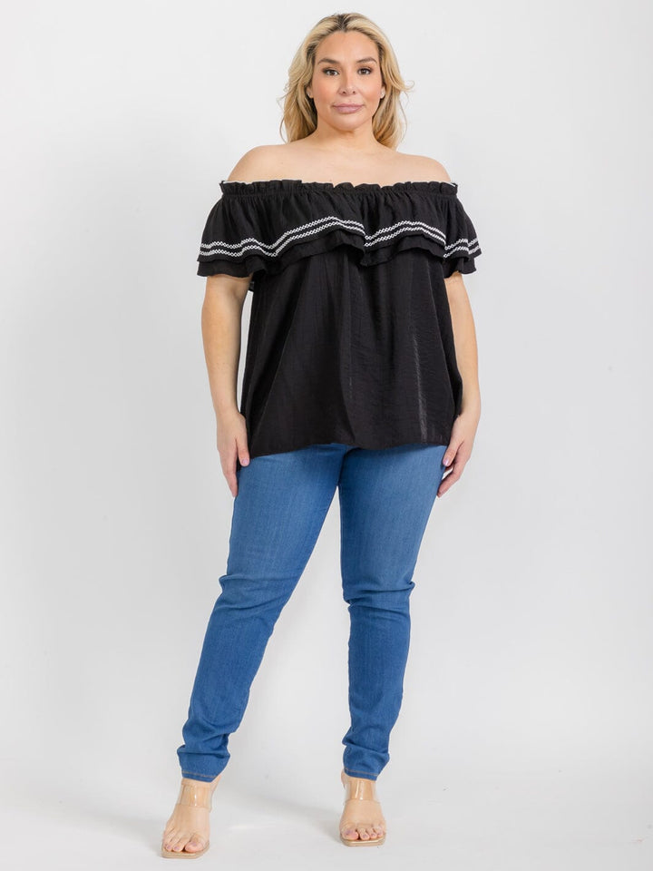 PLUS SIZE SHORT SLEEVE OFF SHOULDER RUFFLE TUNIC BLOUSE