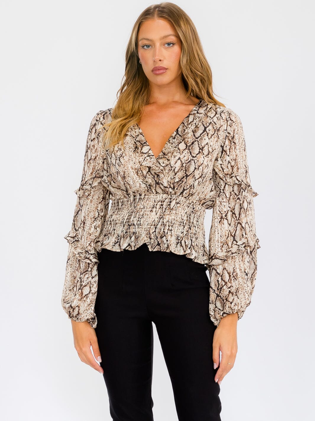 WOMEN'S LONG SLEEVE SMOCK SURPLICE ANIMAL PRINT BLOUSE TOP