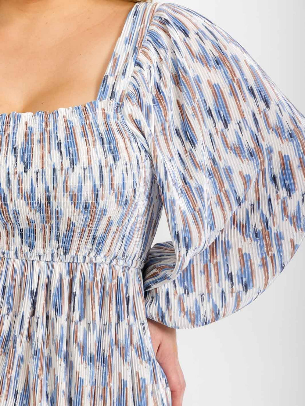 PLUS SIZE LONG SLEEVE FRONT POCKETS SMOCK SQUARE NECK PRINT MIDI DRESS