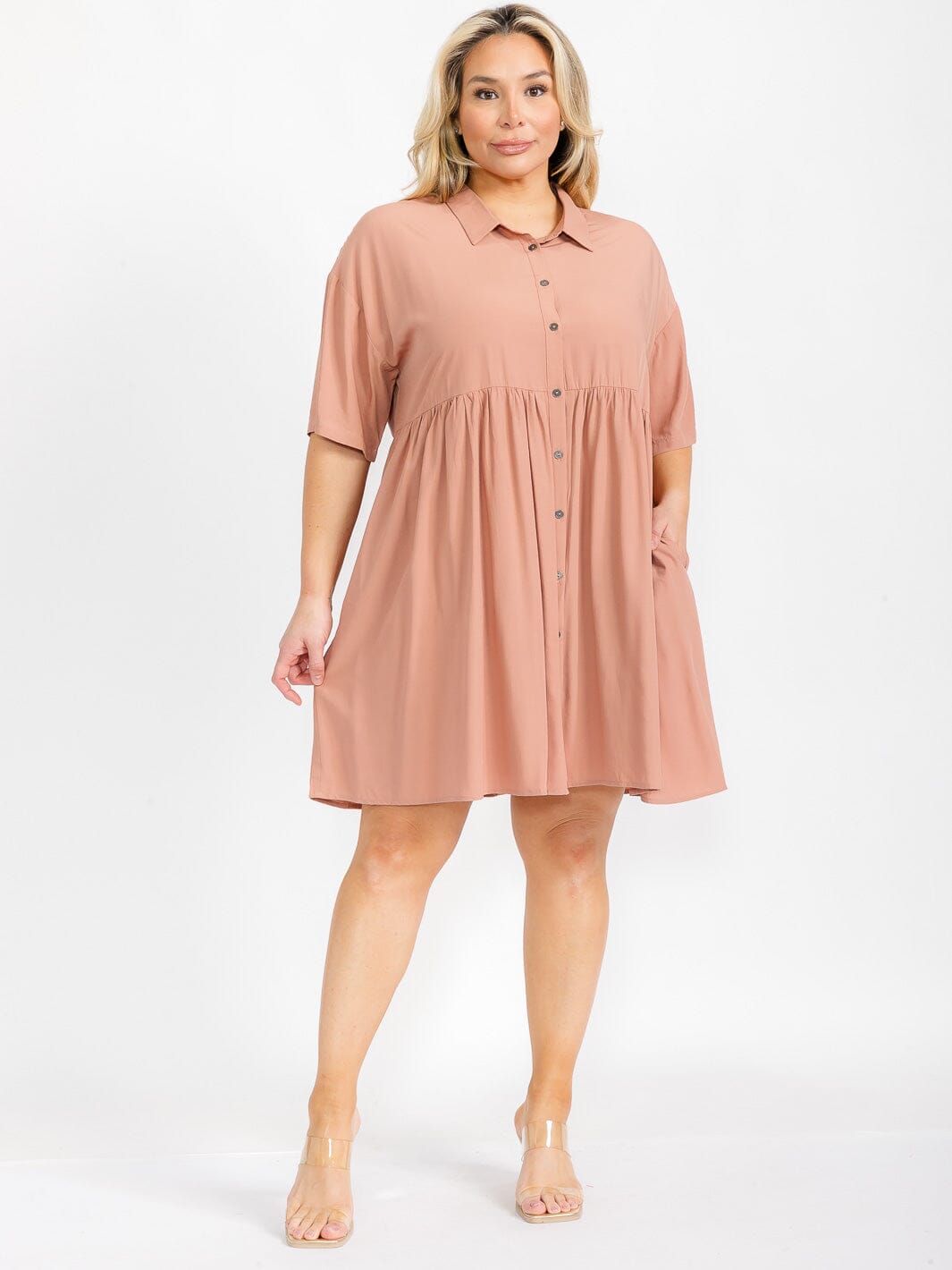 PLUS SIZE SHORT SLEEVE BUTTON UP TIERED FRONT POCKETS TIERED MINI DRESS