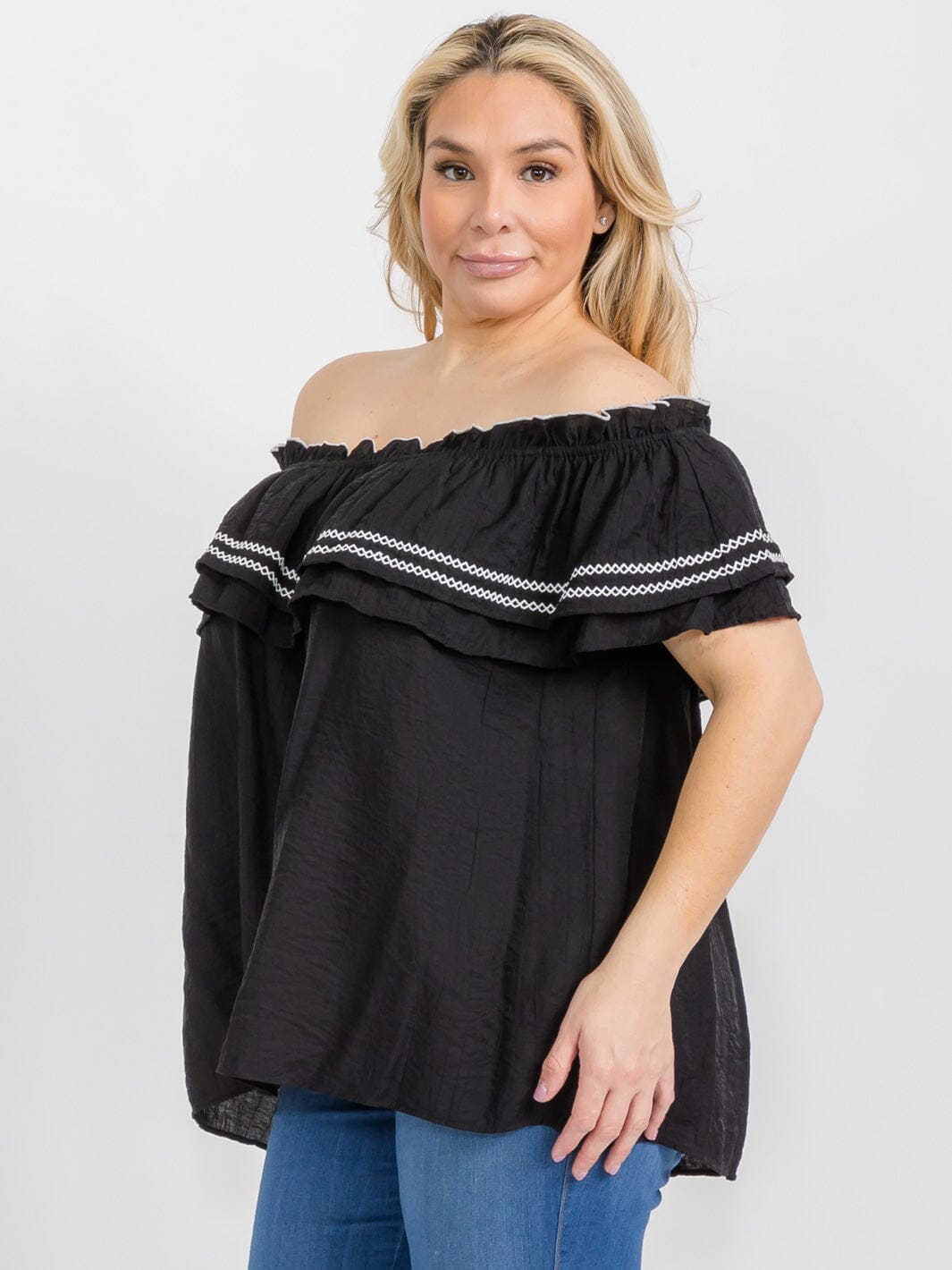 PLUS SIZE SHORT SLEEVE OFF SHOULDER RUFFLE TUNIC BLOUSE