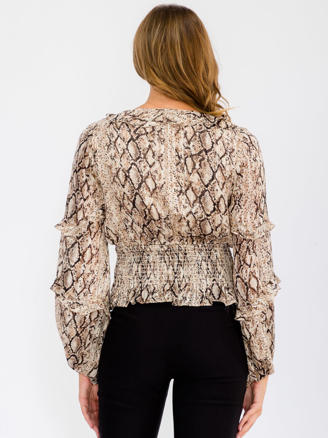 WOMEN'S LONG SLEEVE SMOCK SURPLICE ANIMAL PRINT BLOUSE TOP