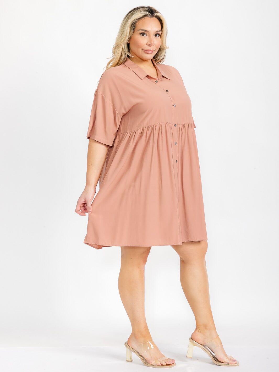 PLUS SIZE SHORT SLEEVE BUTTON UP TIERED FRONT POCKETS TIERED MINI DRESS