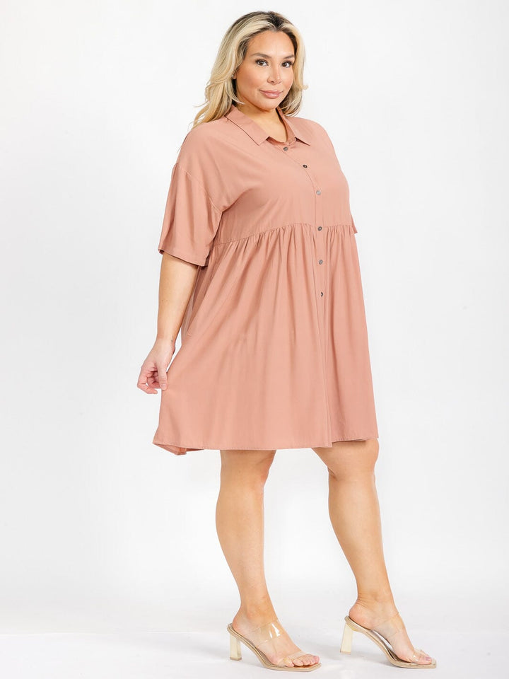 PLUS SIZE SHORT SLEEVE BUTTON UP TIERED FRONT POCKETS TIERED MINI DRESS