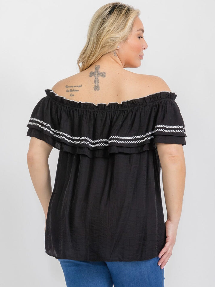 PLUS SIZE SHORT SLEEVE OFF SHOULDER RUFFLE TUNIC BLOUSE