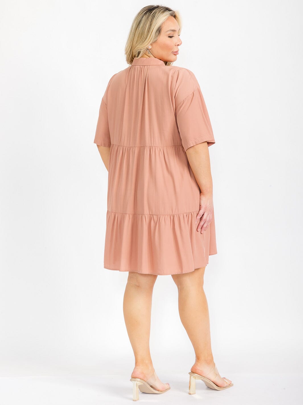 PLUS SIZE SHORT SLEEVE BUTTON UP TIERED FRONT POCKETS TIERED MINI DRESS