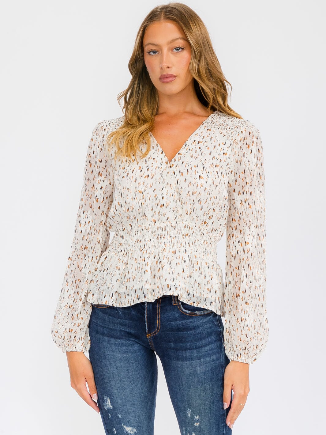 WOMEN'S LONG SLEEVE SMOCK SURPLICE ANIMAL PRINT BLOUSE TOP