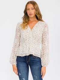 WOMEN'S LONG SLEEVE SMOCK SURPLICE ANIMAL PRINT BLOUSE TOP