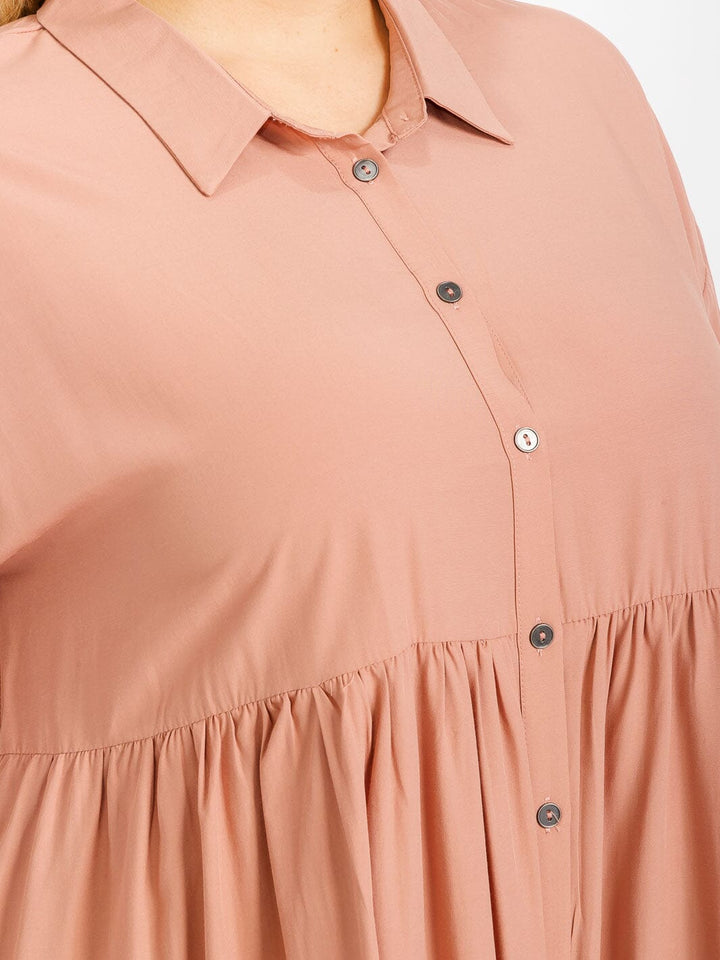 PLUS SIZE SHORT SLEEVE BUTTON UP TIERED FRONT POCKETS TIERED MINI DRESS