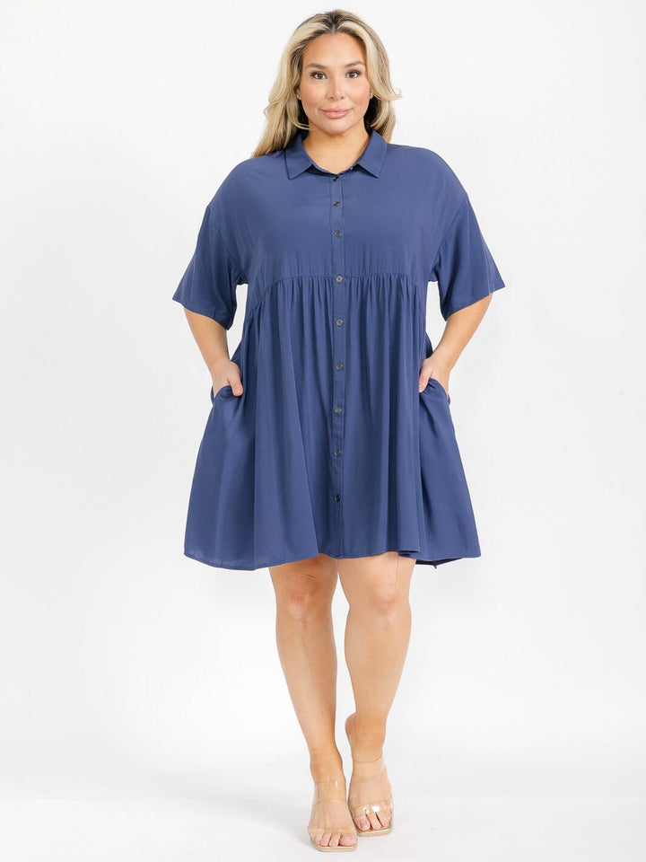 PLUS SIZE SHORT SLEEVE BUTTON UP TIERED FRONT POCKETS TIERED MINI DRESS