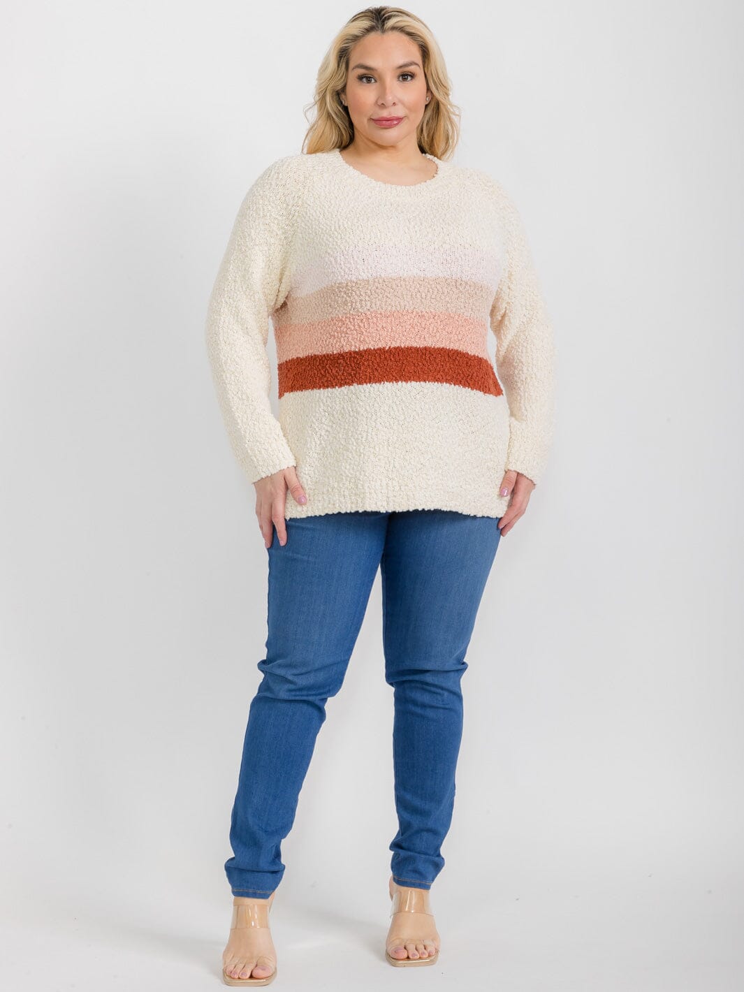PLUS SIZE LONG SLEEVE COLORBLOCK STRIPES FUZZY PULLOVER SWEATER