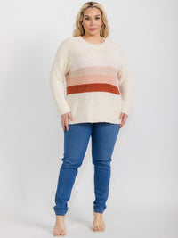 PLUS SIZE LONG SLEEVE COLORBLOCK STRIPES FUZZY PULLOVER SWEATER