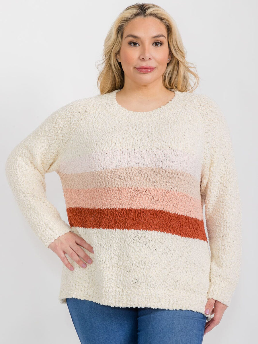 PLUS SIZE LONG SLEEVE COLORBLOCK STRIPES FUZZY PULLOVER SWEATER ...