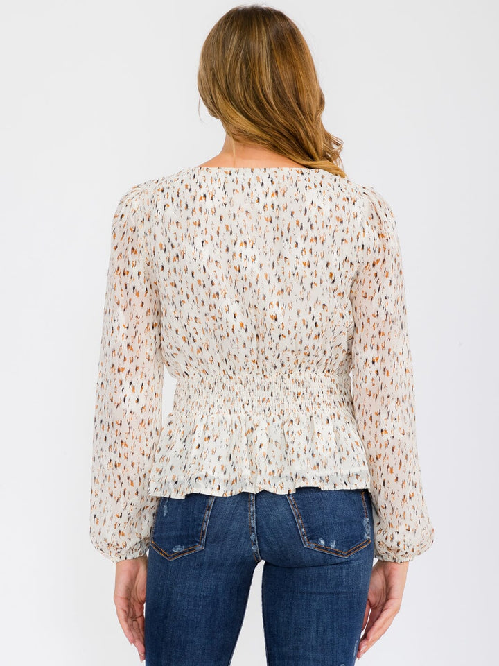 WOMEN'S LONG SLEEVE SMOCK SURPLICE ANIMAL PRINT BLOUSE TOP