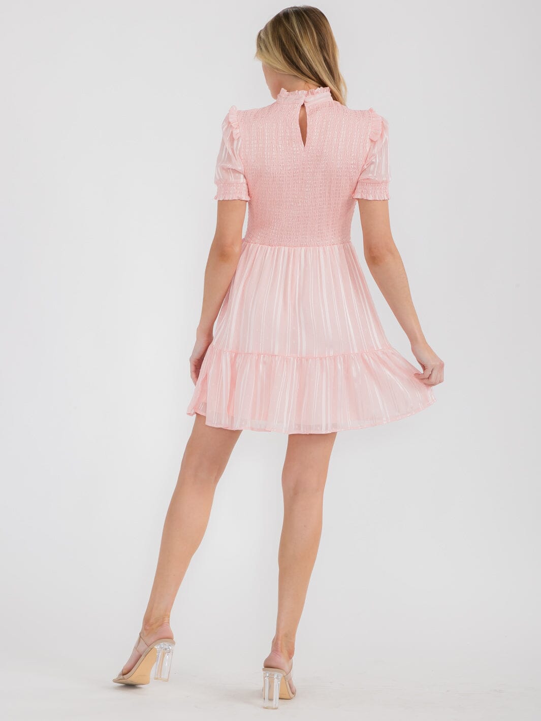 WOMEN'S SHORT SLEEVE TIERED SMOCK SWISS SHIMMER MINI DRESS