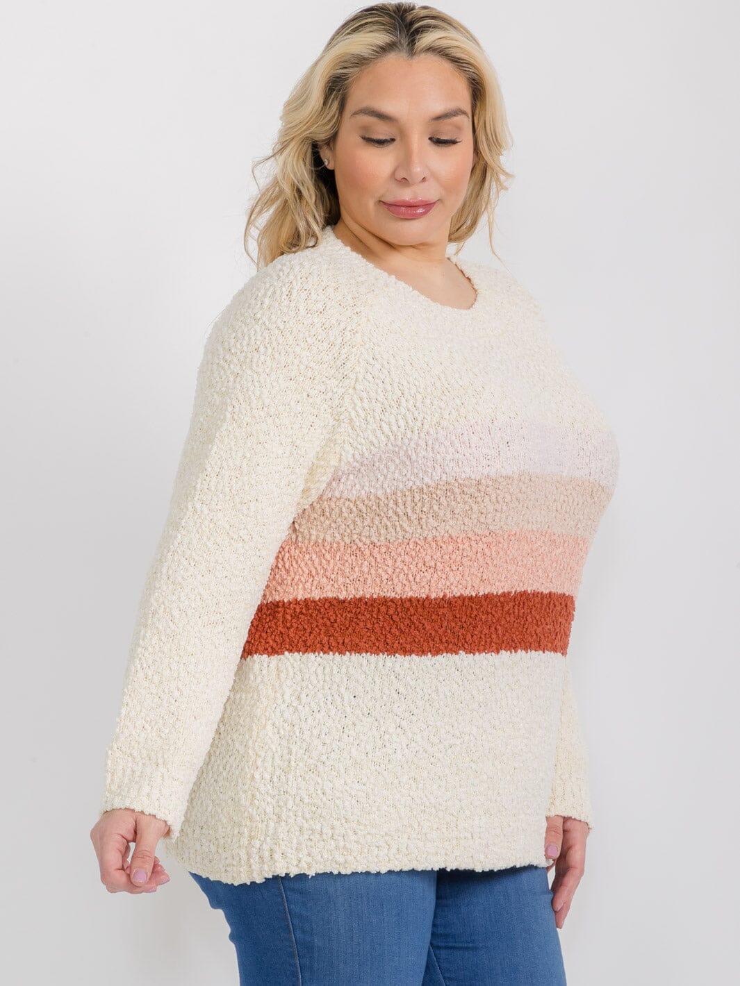 PLUS SIZE LONG SLEEVE COLORBLOCK STRIPES FUZZY PULLOVER SWEATER