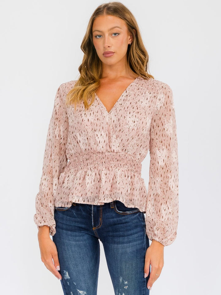WOMEN'S LONG SLEEVE SMOCK SURPLICE ANIMAL PRINT BLOUSE TOP