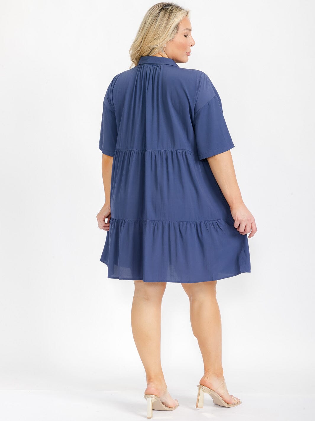 PLUS SIZE SHORT SLEEVE BUTTON UP TIERED FRONT POCKETS TIERED MINI DRESS