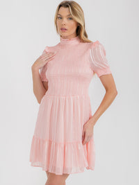 WOMEN'S SHORT SLEEVE TIERED SMOCK SWISS SHIMMER MINI DRESS