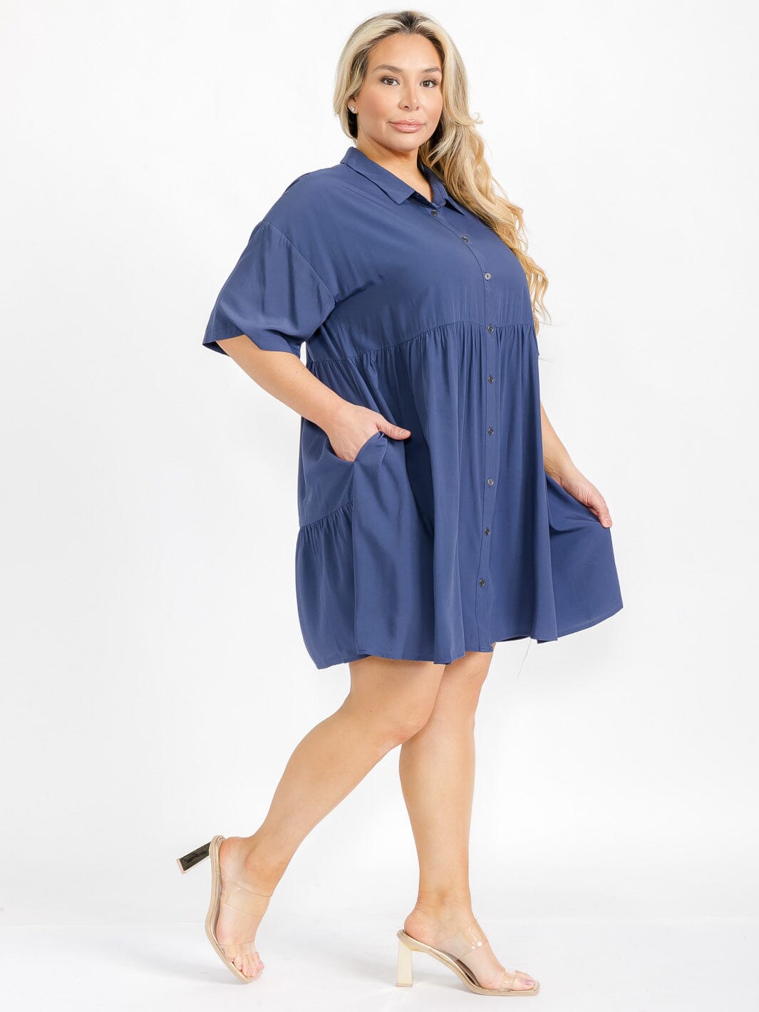 PLUS SIZE SHORT SLEEVE BUTTON UP TIERED FRONT POCKETS TIERED MINI DRESS