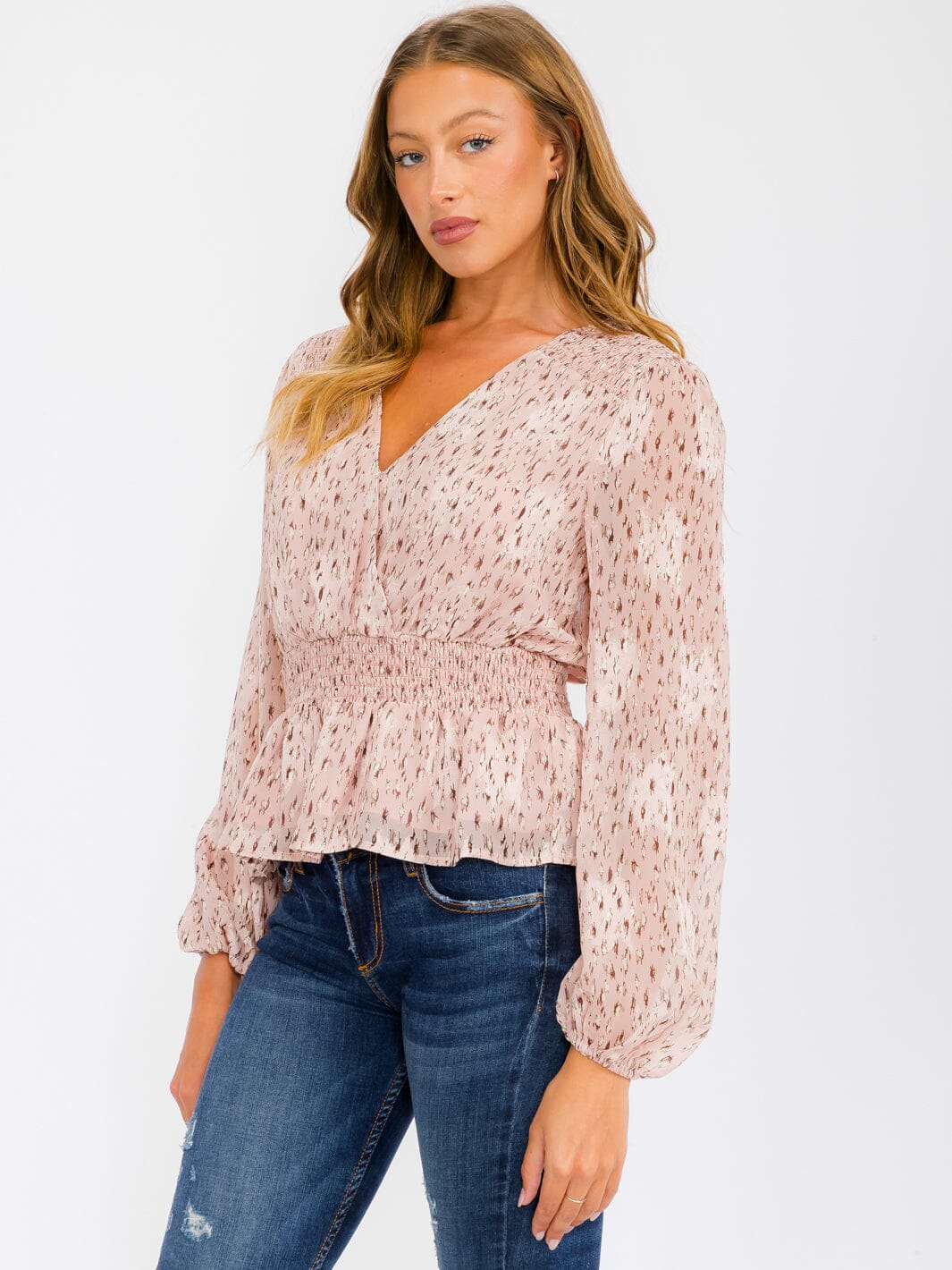 WOMEN'S LONG SLEEVE SMOCK SURPLICE ANIMAL PRINT BLOUSE TOP