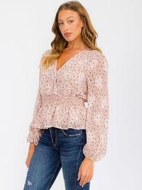 WOMEN'S LONG SLEEVE SMOCK SURPLICE ANIMAL PRINT BLOUSE TOP