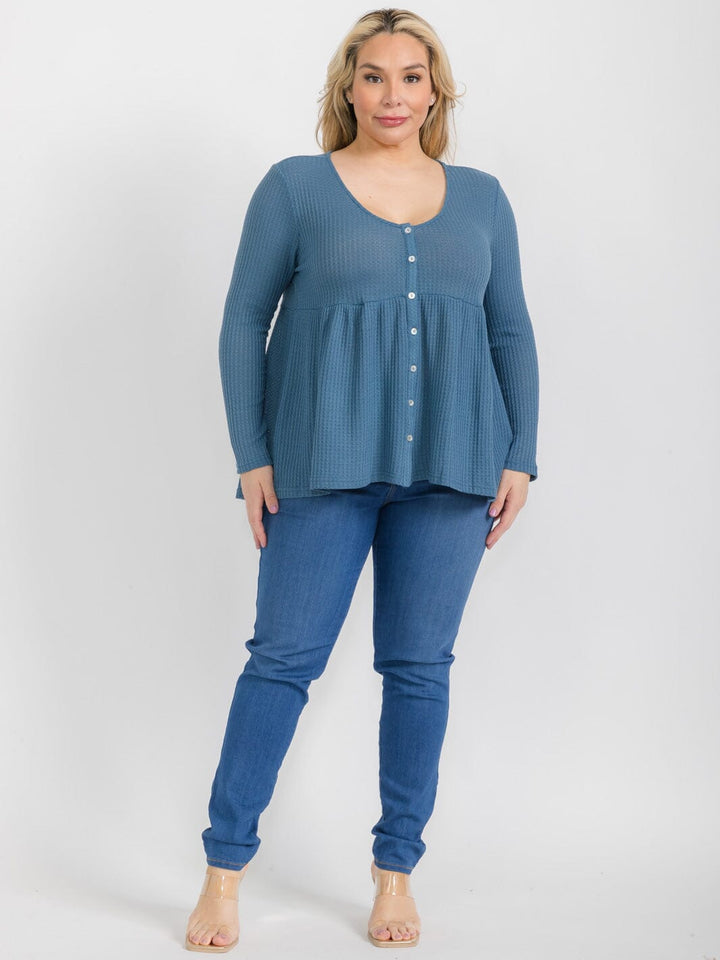PLUS SIZE LONG SLEEVE V-NECK BUTTON UP TUNIC TOP