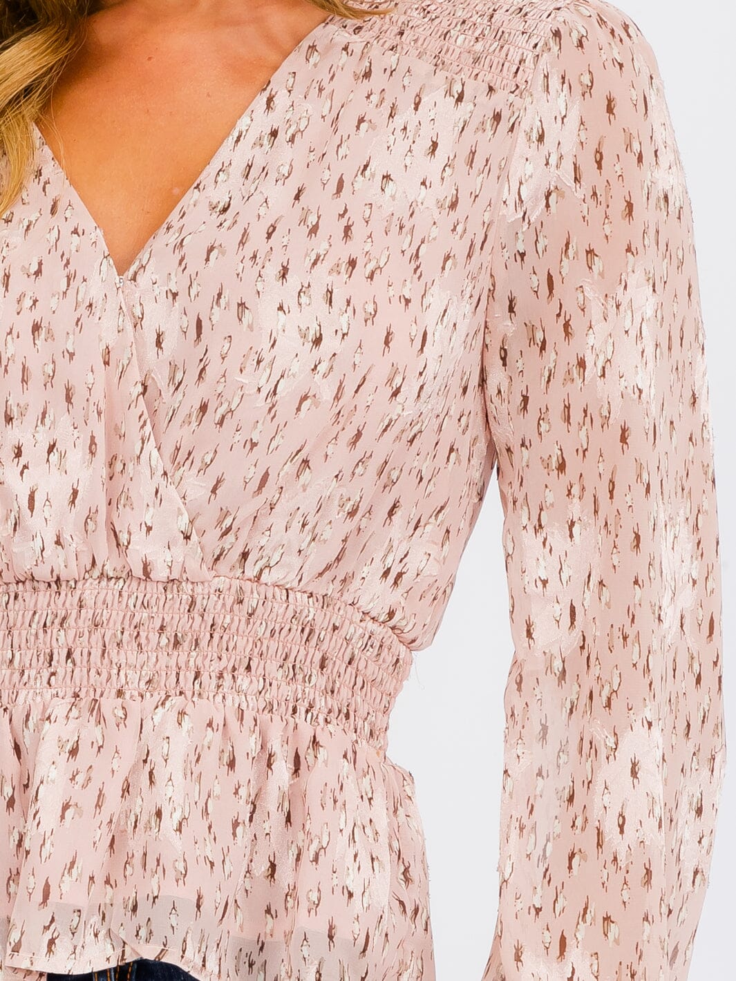 WOMEN'S LONG SLEEVE SMOCK SURPLICE ANIMAL PRINT BLOUSE TOP