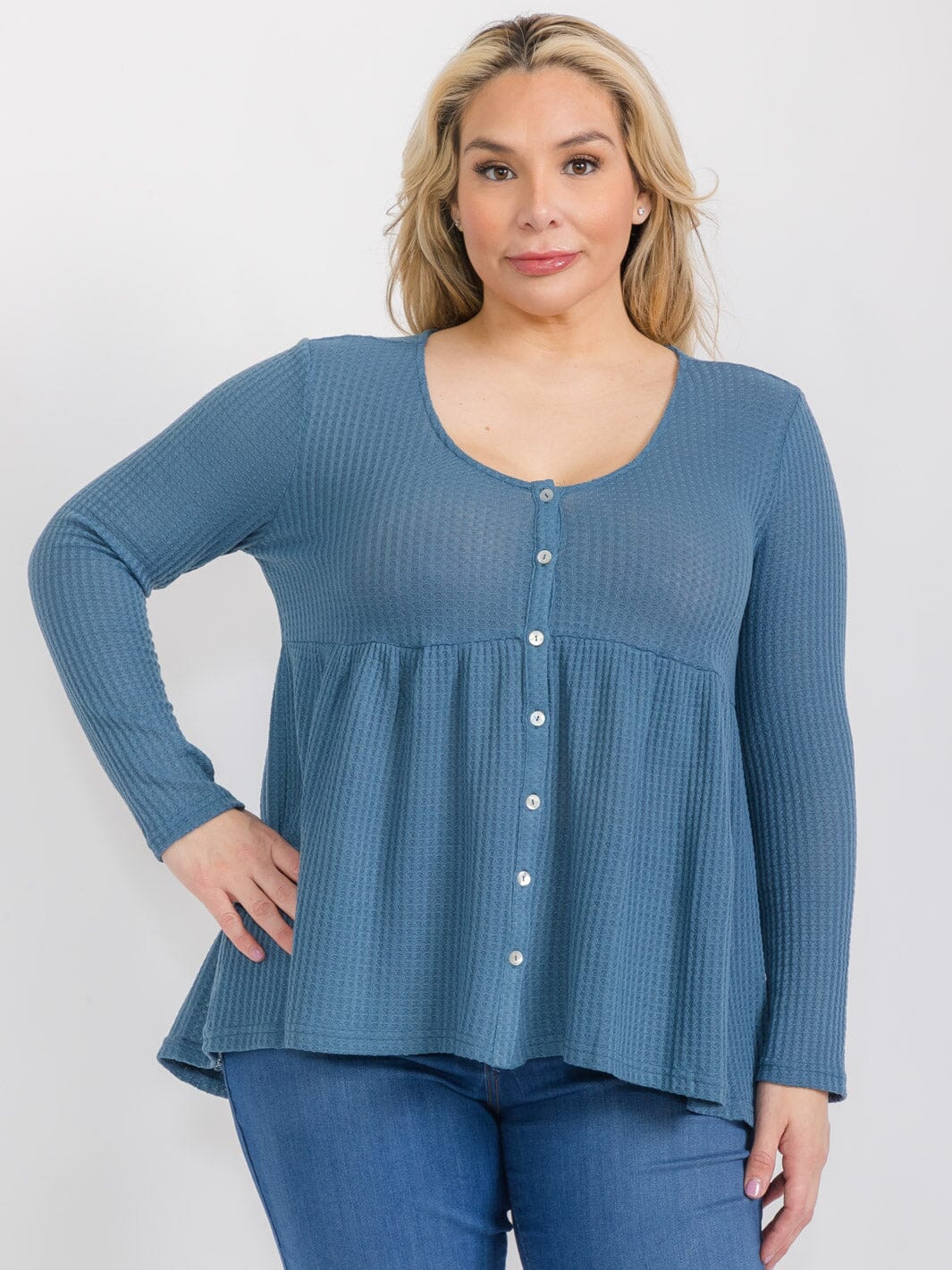 PLUS SIZE LONG SLEEVE V-NECK BUTTON UP TUNIC TOP