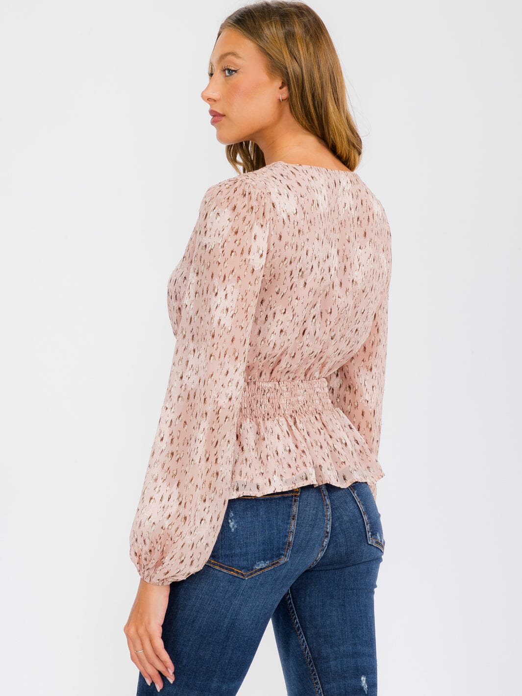 WOMEN'S LONG SLEEVE SMOCK SURPLICE ANIMAL PRINT BLOUSE TOP