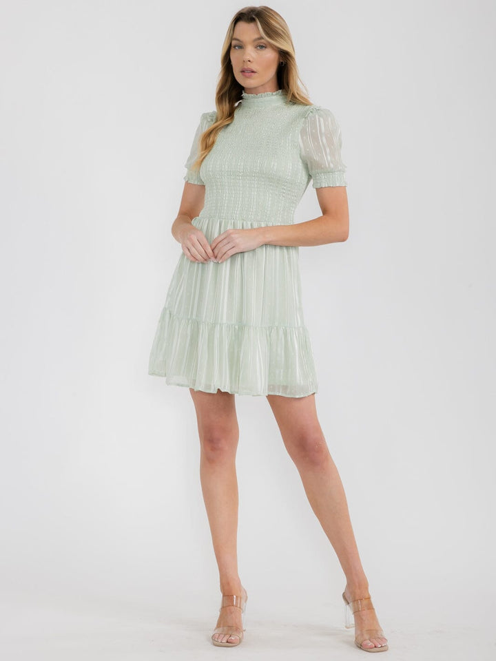 WOMEN'S SHORT SLEEVE TIERED SMOCK SWISS SHIMMER MINI DRESS